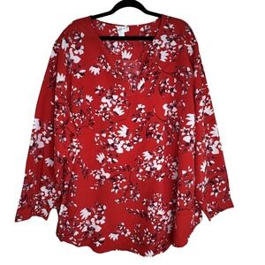 Ava & Viv Blouse Womens 4X Red Floral Long Sleeve V-Neck‎ Plus Size Tunic Top